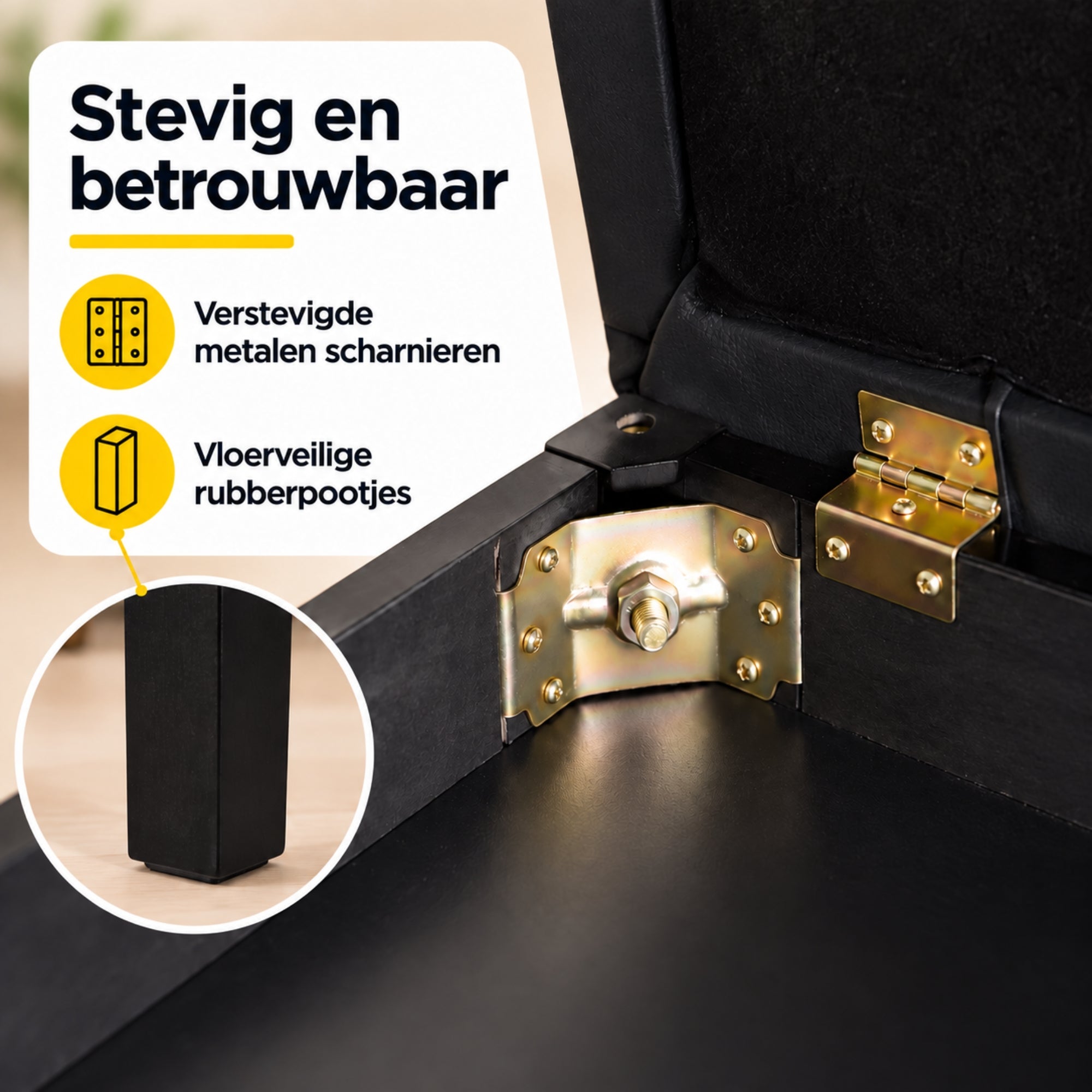 Zwarte pianobank met opbergruimte – klassiek design en zitcomfort met verstevigde metalen scharnieren en rubberen vloerbeschermers