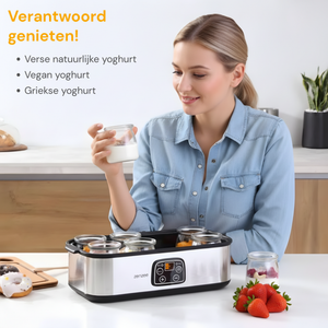Yoghurtmaker van RVS – met 8 glazen potten voor verse huisgemaakte yoghurt | Zenzee in moderne keuken met vrouw