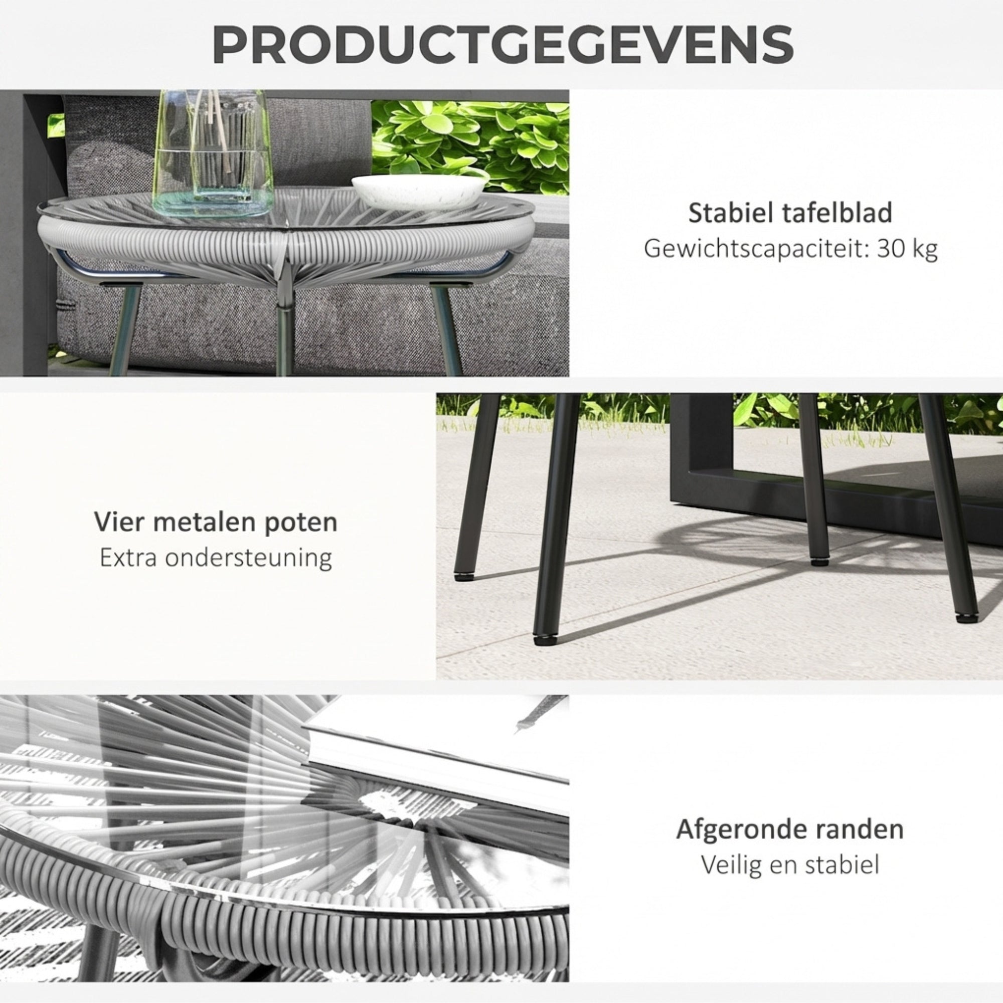 Ronde boho tuintafel grijs – 50×50×50 cm bijzettafel voor buiten met stevig metalen frame, grijs PE rotan vlechtwerk, gehard glazen blad en afgeronde randen voor extra veiligheid.