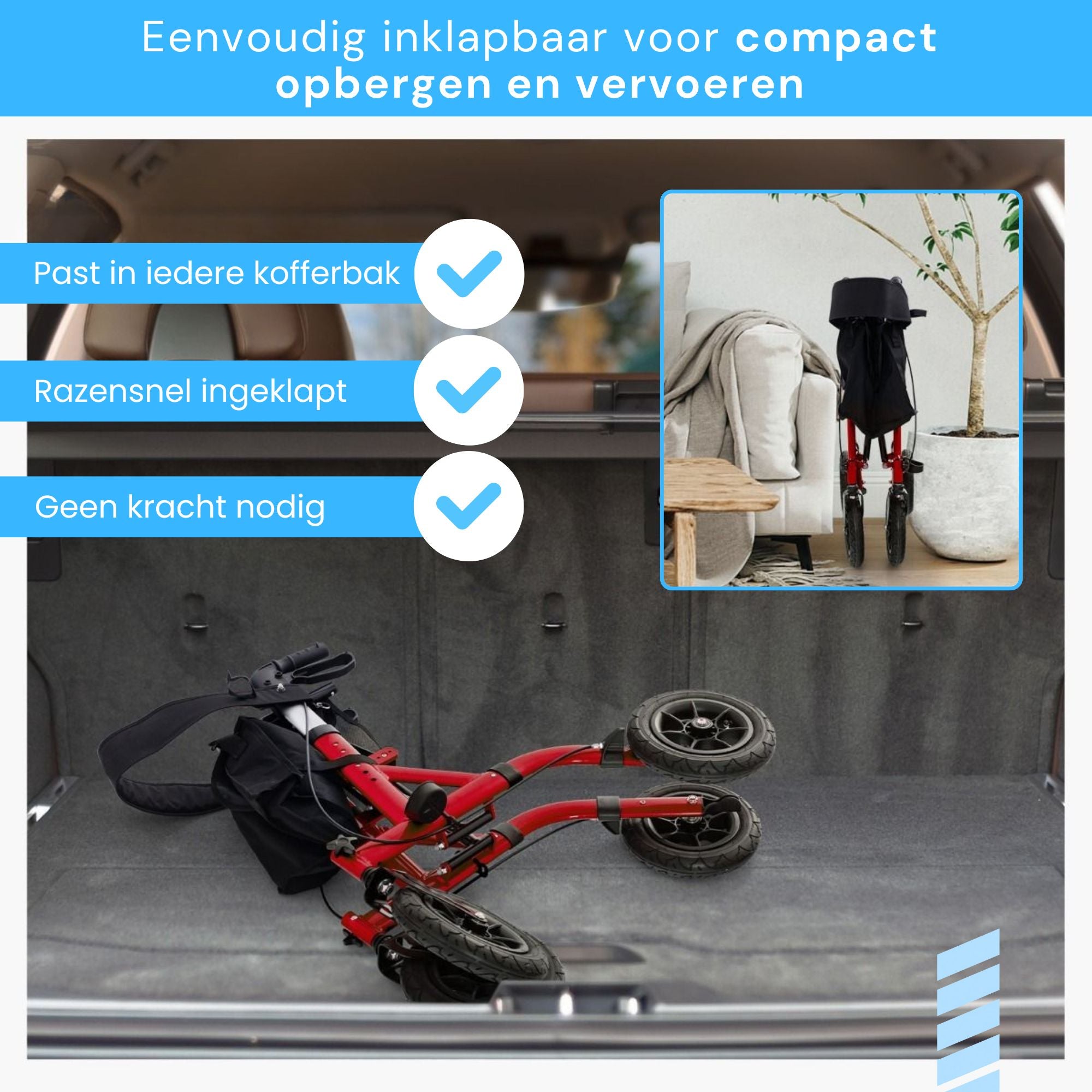 Rollator met all-terrain luchtbanden en comfortabele zitfunctie rood, eenvoudig inklapbaar voor compact transport en opbergen