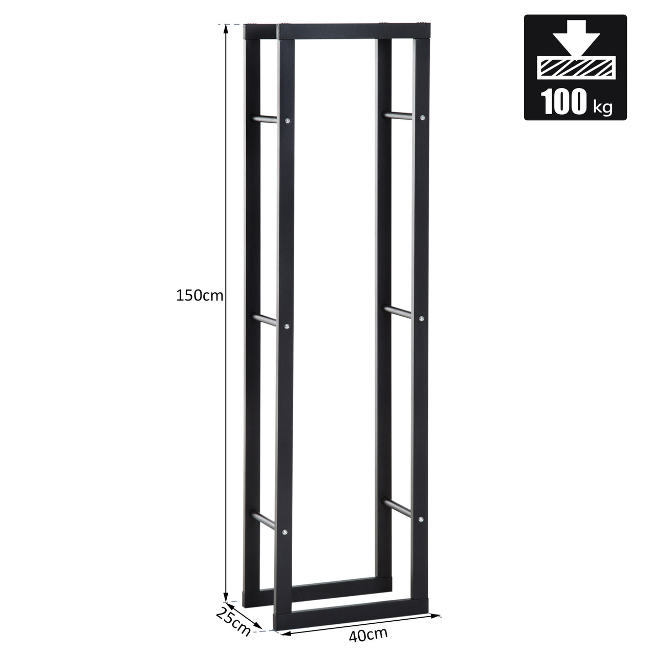 Haardhoutrek 150 cm zwart – smalle houtopslag staal