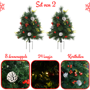 Kunstkerstboom set van 2 met verlichting en decoratie 75 cm met dennenappels, lampjes en kerstballen