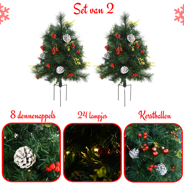 Kunstkerstboom set van 2 met verlichting en decoratie 75 cm