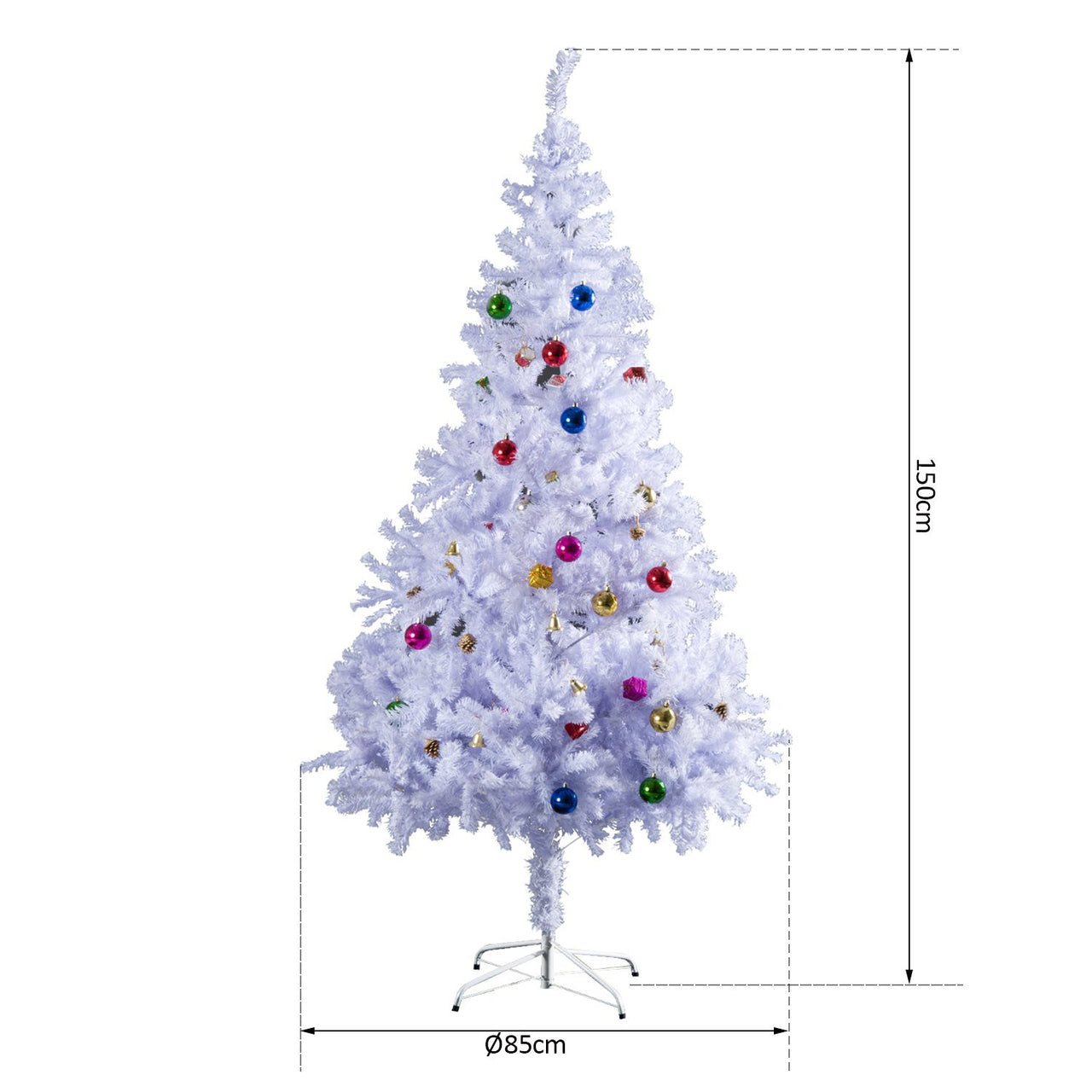 Witte kunstkerstboom 150 cm met kerstballen en 680 tips