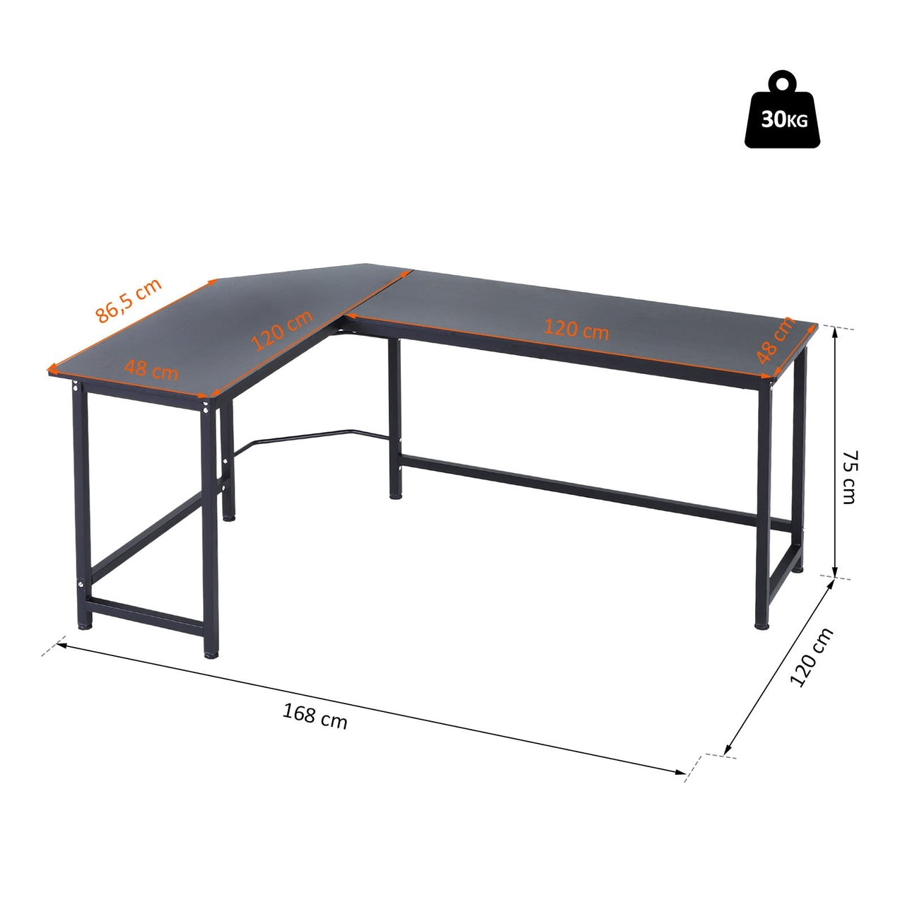 Modern hoekbureau 168x120 cm in zwart – hoekmodel met stabiele constructie