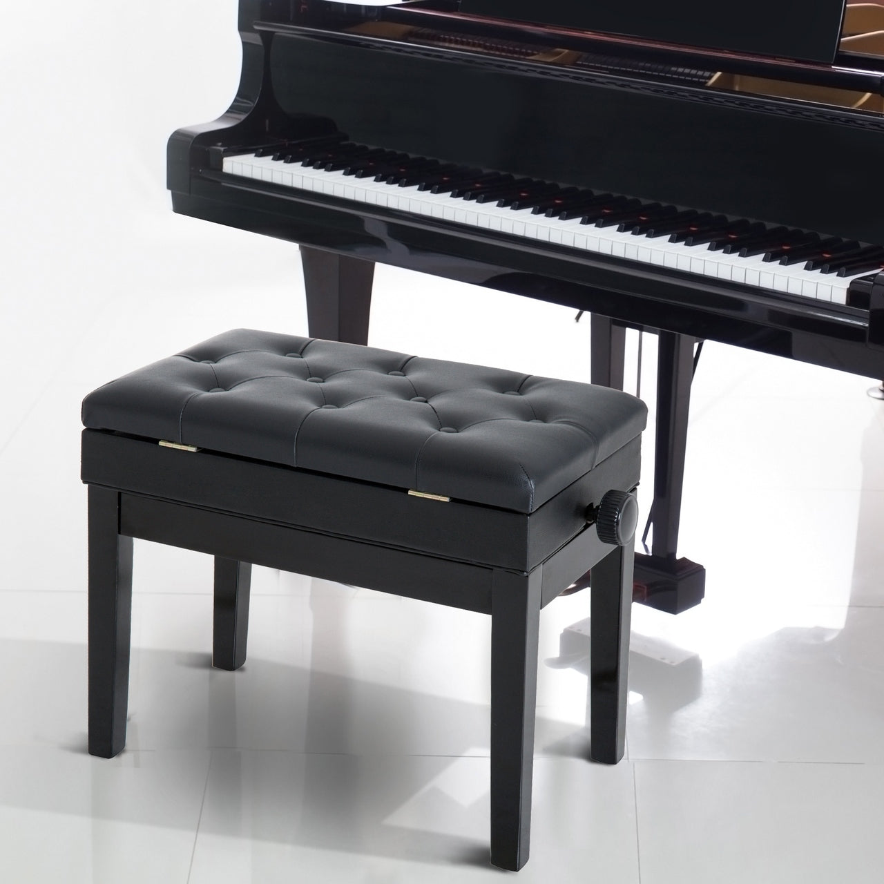 Zwarte pianobank verstelbaar – comfort en opbergruimte in klassiek design