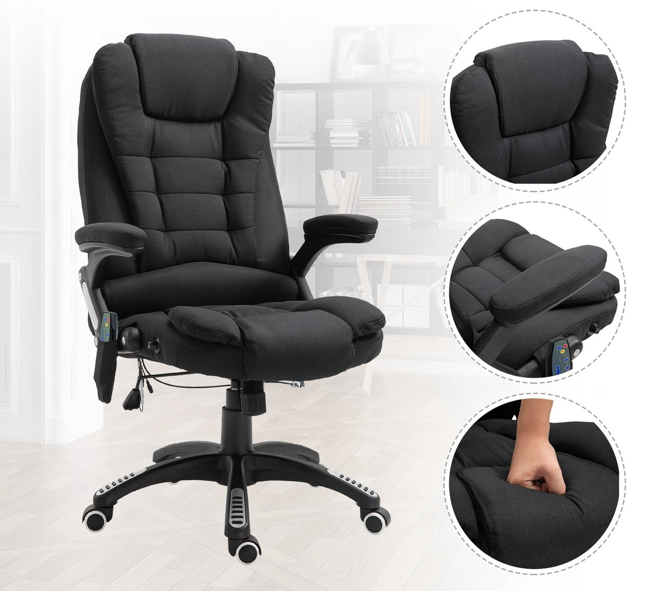 Zwarte bureaustoel met massagefunctie en ergonomisch design
