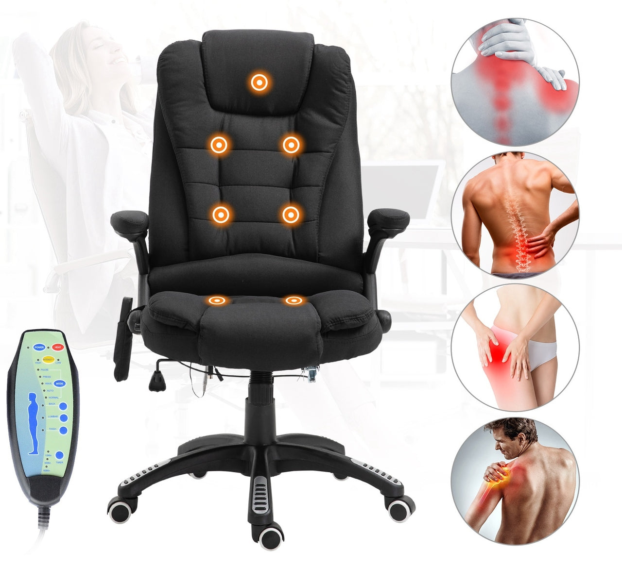 Zwarte bureaustoel met massagefunctie en ergonomisch design