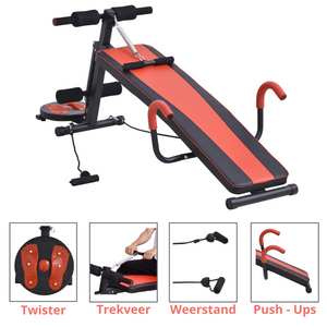 Halterbank zwart 166x53x60 cm – verstelbare fitnessbank met twister, trekveer en push-up handgrepen voor veelzijdige training