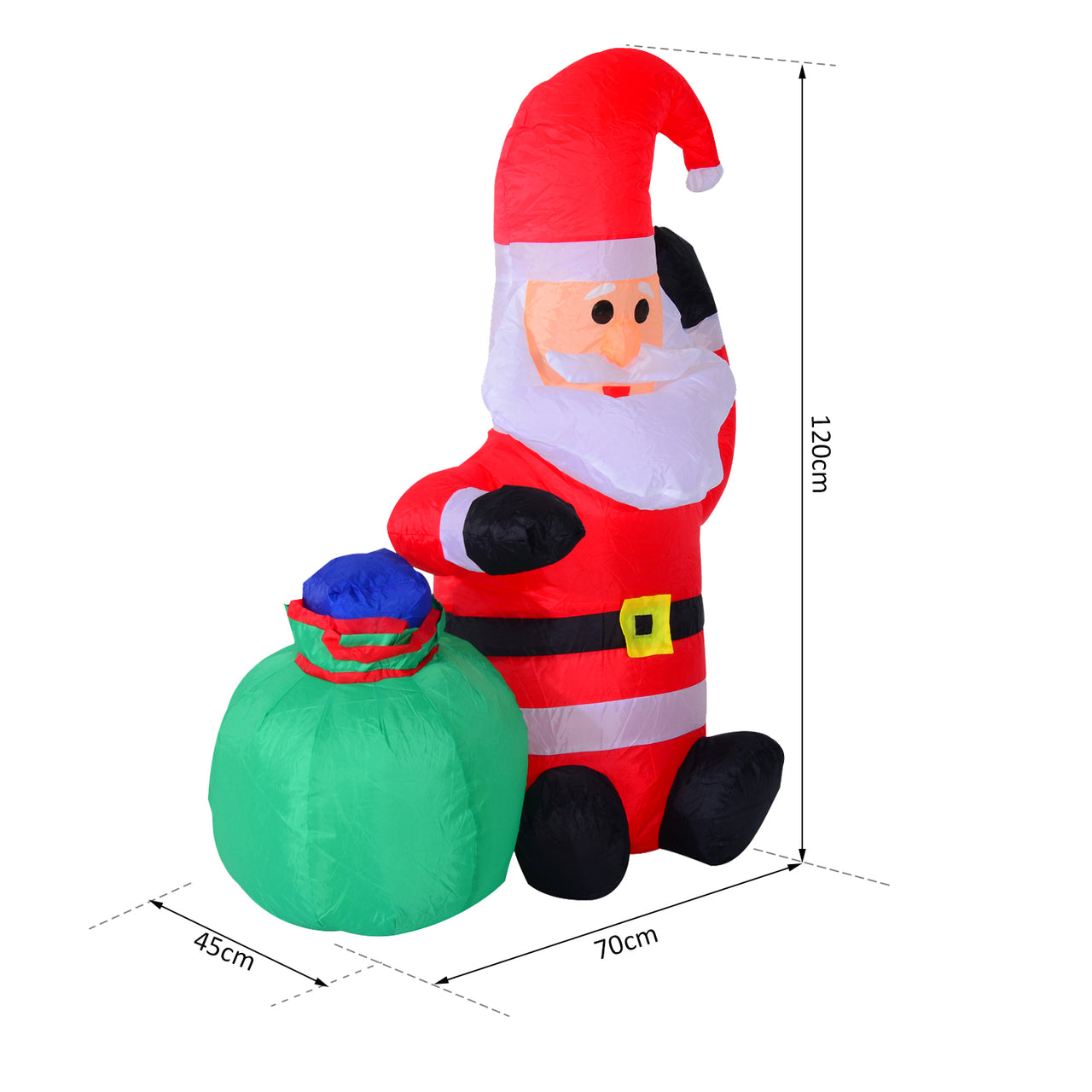 Opblaasbare kerstman 120 cm met zak en kerstverlichting buiten