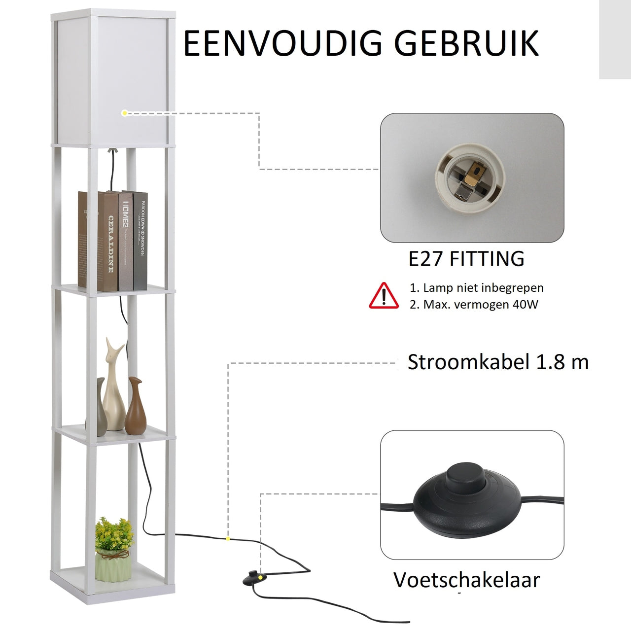 Multifunctionele witte vloerlamp met planken – 160 cm hoog