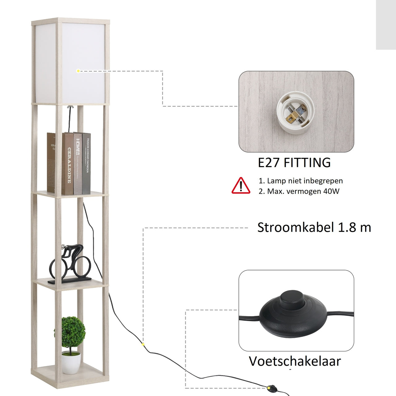 Moderne vloerlamp met opbergruimte 160 cm wit/eiken