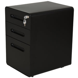 Zwart stalen ladeblok met 3 lades, slot en wielen – compact en veilig voor overzichtelijke en beschermde documentopslag