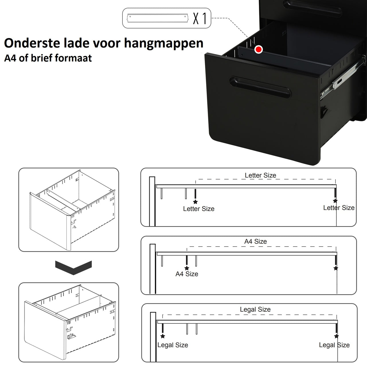 Zwart stalen ladeblok met 3 lades, slot en wielen – compact en veilig