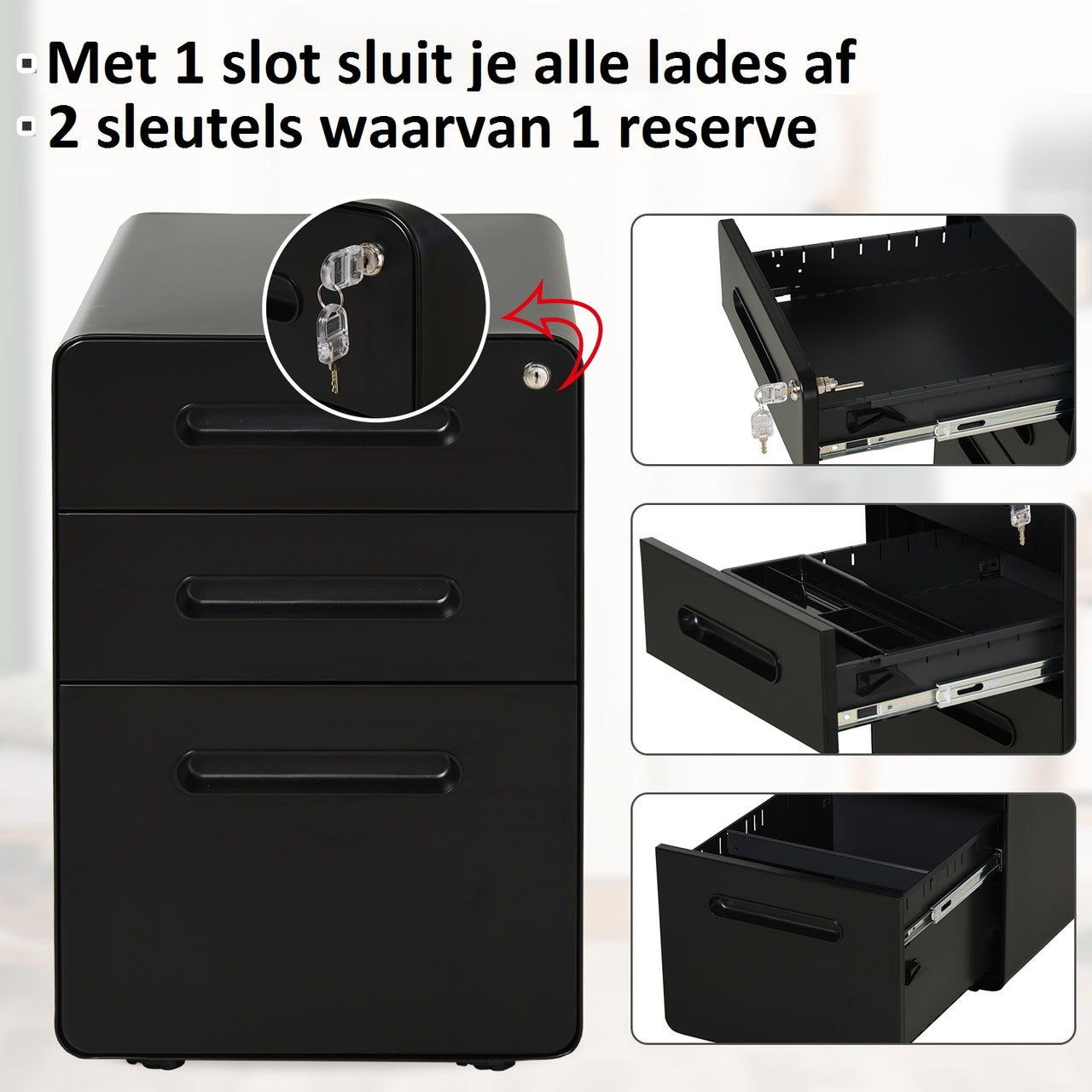 Zwart stalen ladeblok met 3 lades, slot en wielen – compact en veilig