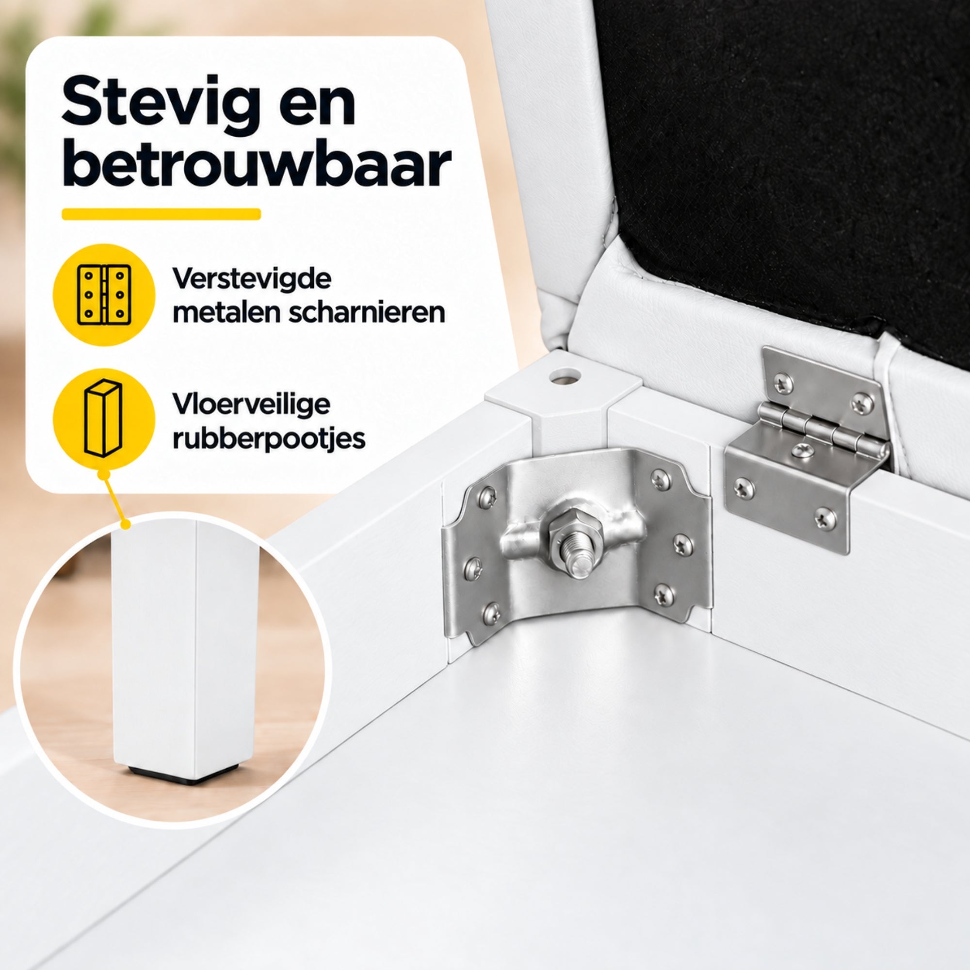 Klassieke witte pianokruk met opbergruimte – stijlvol en praktisch met verstevigde metalen scharnieren en vloerveilige rubberpootjes