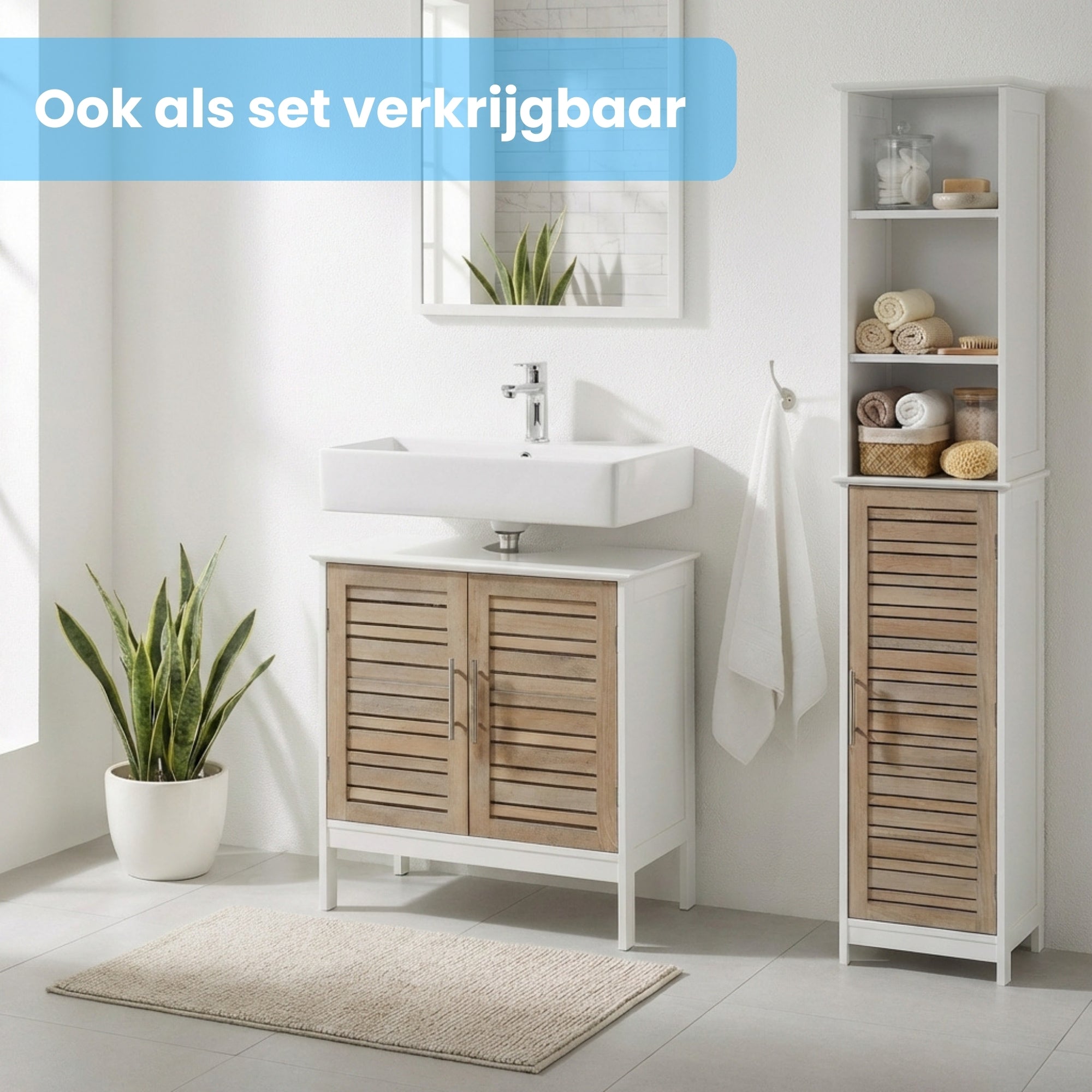 Wastafelonderkast wit-eiken 70x60x30 cm – Compact badkamermeubel met natuurlijke uitstraling in eerste galerijpositie met luiken en handgrepen
