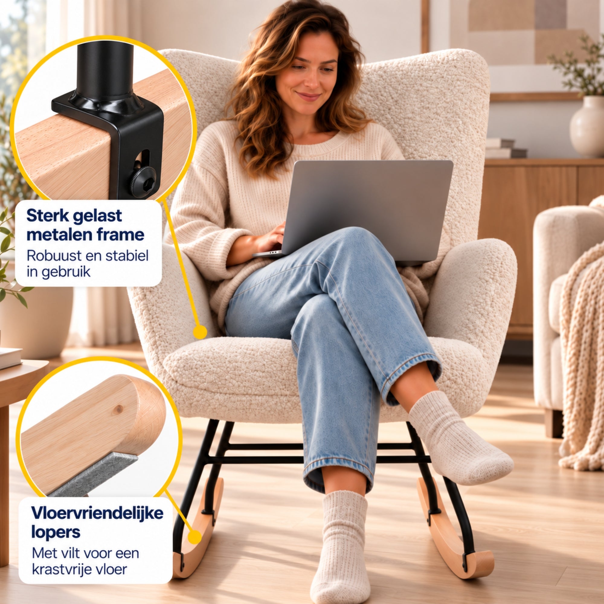 Comfortabele Schommelstoel met kussen en zijvak roomwit/beige | Zenzee met vrouw, zachte berberfleece en stevige metalen frameconstructie
