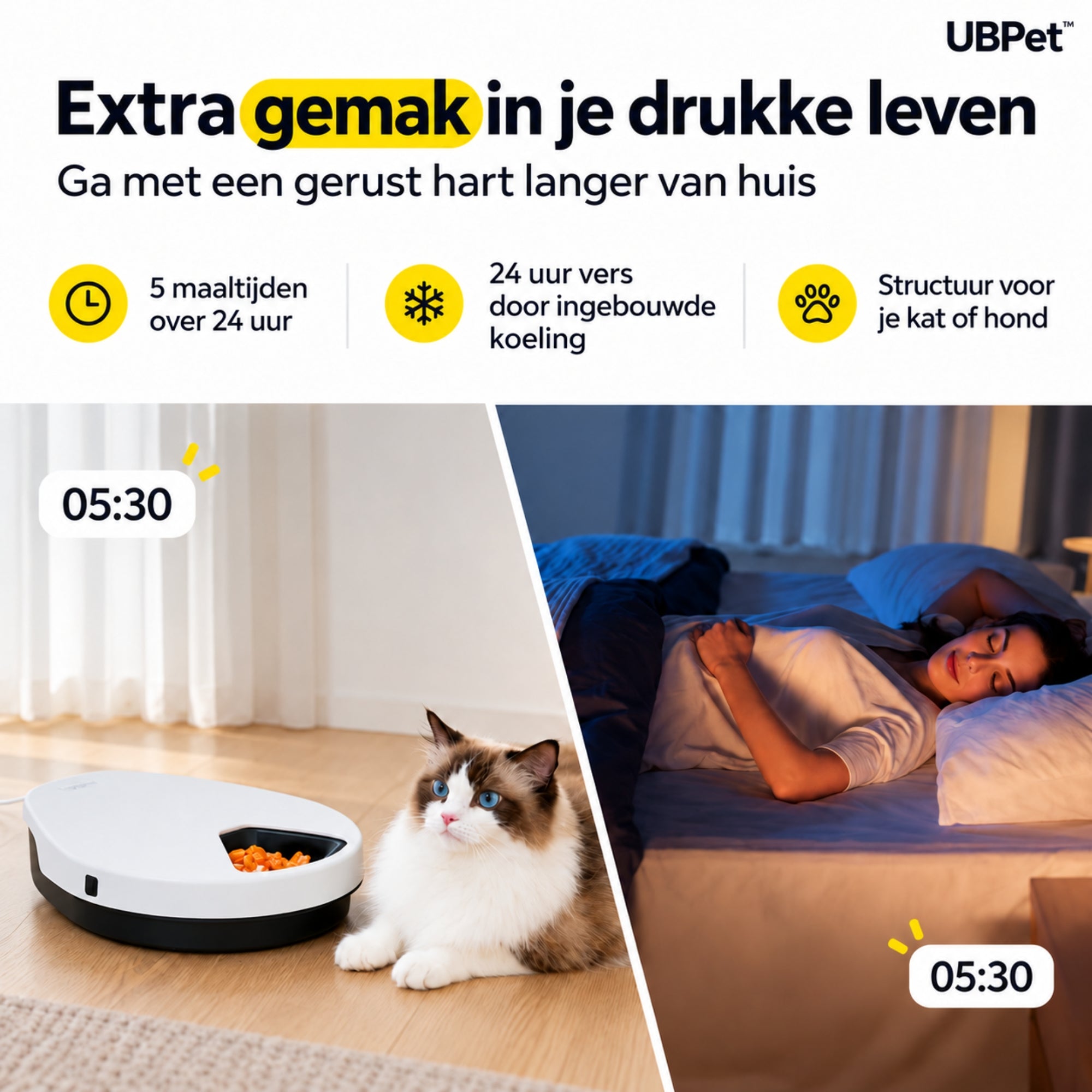 UBpet F10 automatische voerbak – met koeling en 5 compartimenten naast slapende vrouw en kat in de woonkamer
