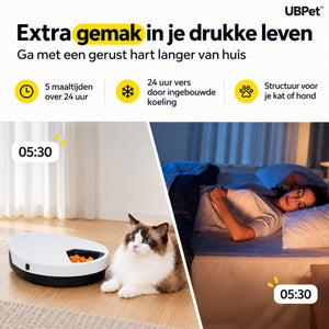 UBpet F10 automatische voerbak – met koeling en 5 compartimenten naast slapende vrouw en kat in de woonkamer