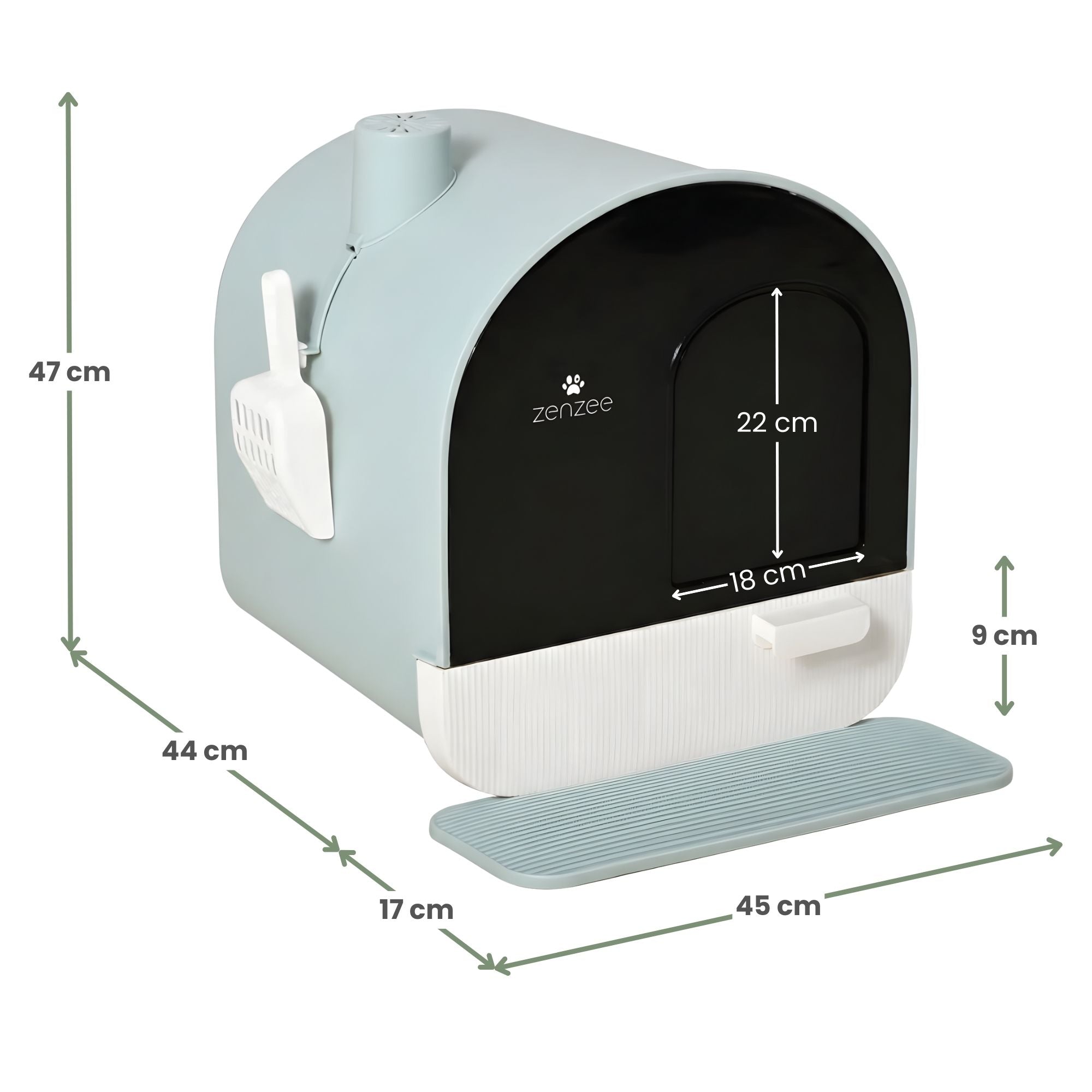 Praktische kattenbak met uitneembare lade, kattenbak mat en schep compleet Groen | Zenzee met afmetingen en accessoires zichtbaar