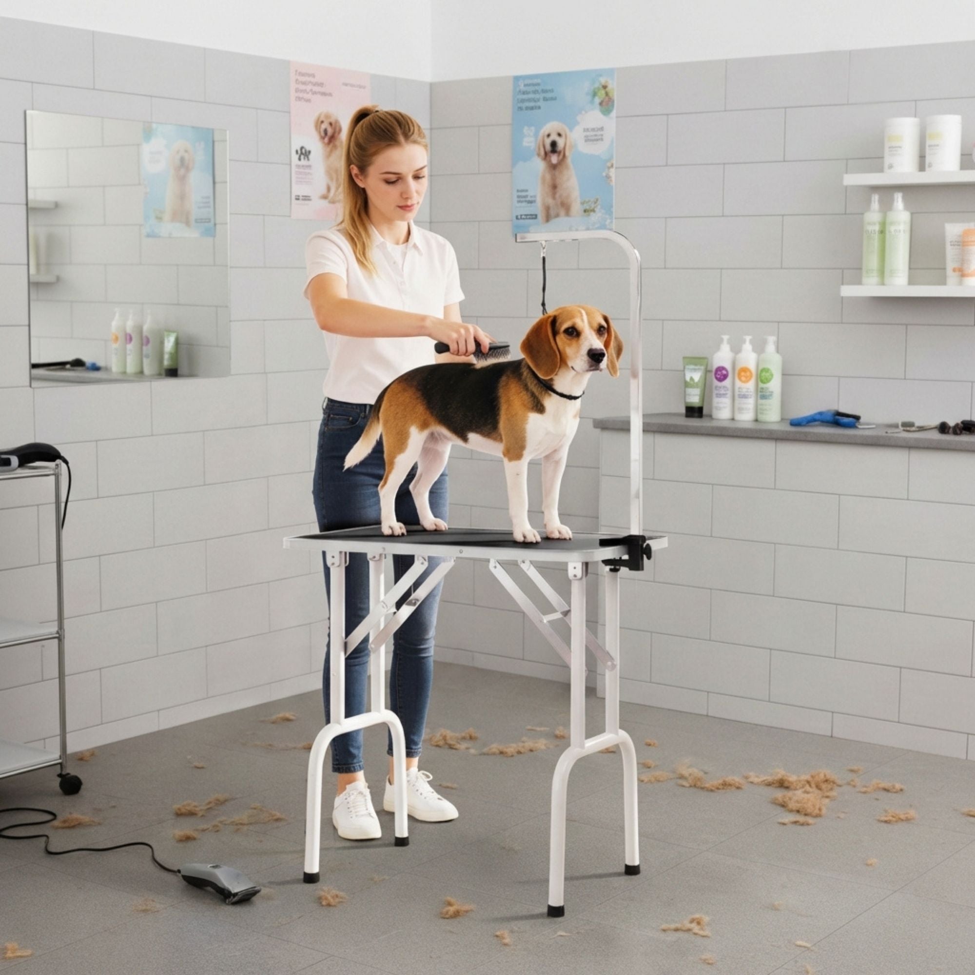 Honden trimtafel zwart 81x49x80cm – Inklapbare tafel met verstelbare trimarm en aanlijnoptie gebruikt om hond te verzorgen