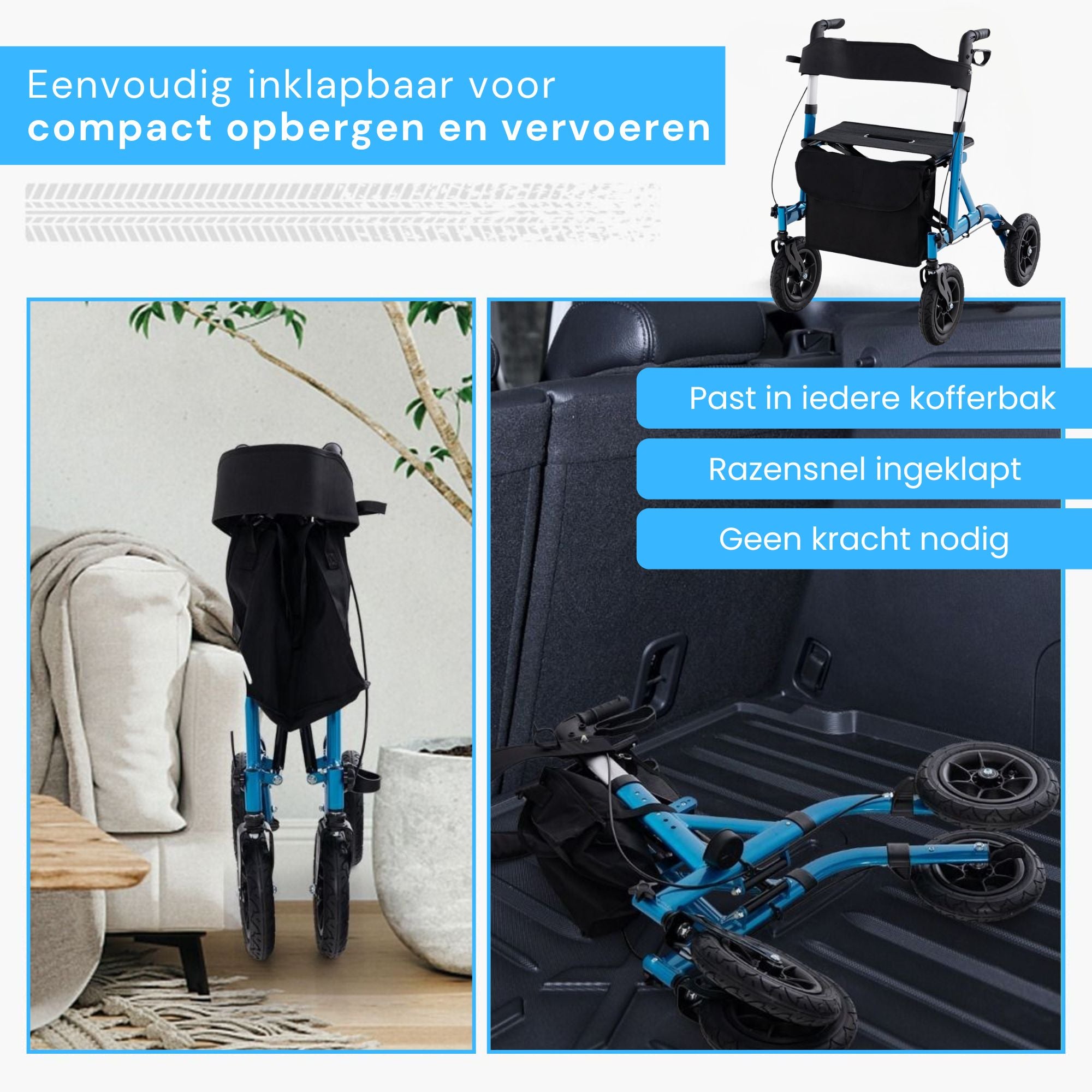 Rollator met all-terrain luchtbanden en comfortabele zitfunctie blauw, eenvoudig inklapbaar voor compact opbergen en vervoeren