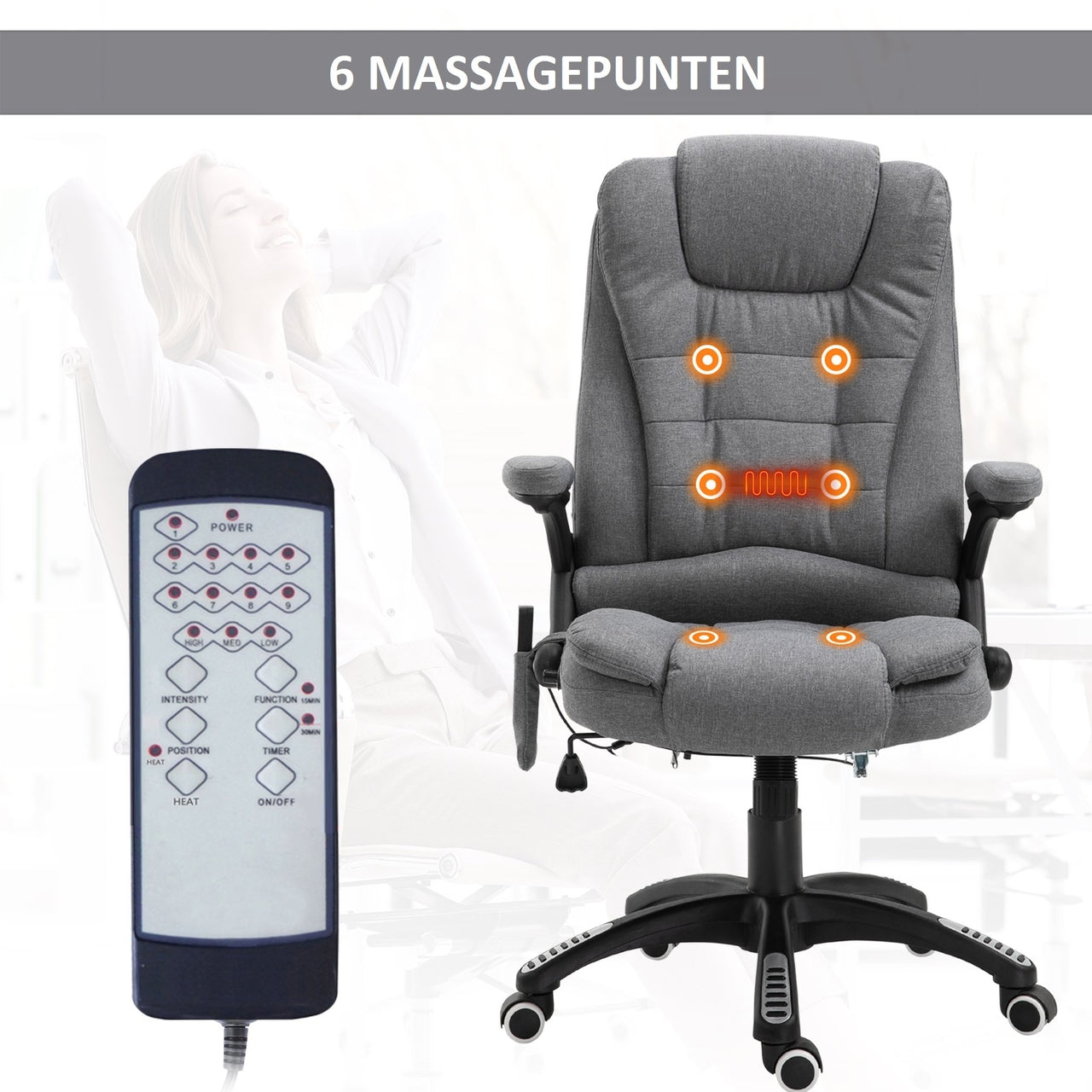 Ergonomische grijze bureaustoel met 6-punts massage en kantelfunctie