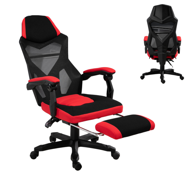 Ergonomische gamestoel zwart-rood met voetensteun en verstelbare rugleuning