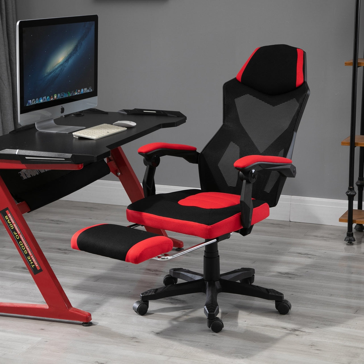 Ergonomische gamestoel zwart-rood met voetensteun en verstelbare rugleuning