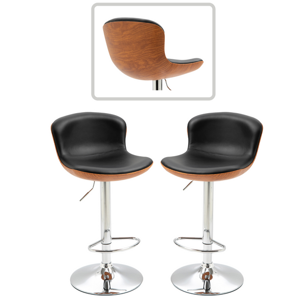 Set van 2 moderne barkrukken zwart met houten zitting voor keuken of bar