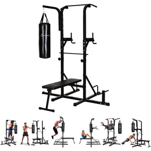 Power Tower met bokszak, pull-up, dip & sit-up station – robuust fitnessstation met 200kg draagvermogen voor intensieve training