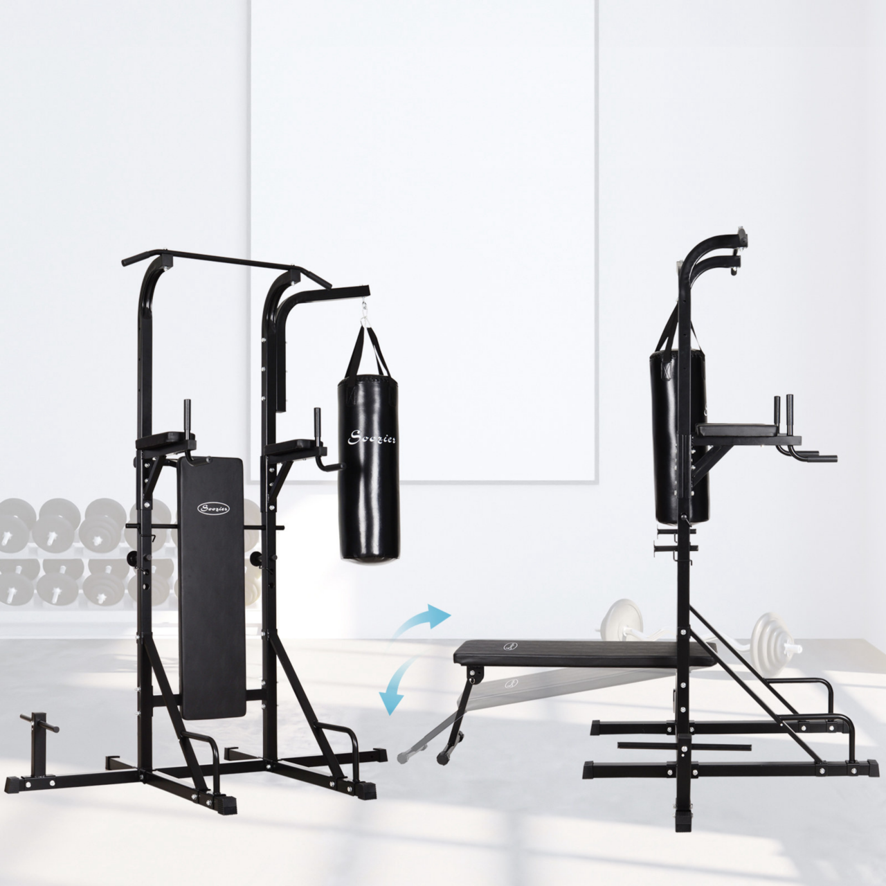 Power Tower met bokszak, pull-up, dip & sit-up station – 200?kg draagvermogen