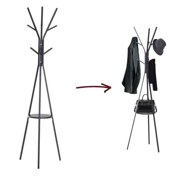 Zwarte staande kapstok met 8 haken en handig schap – 180x45x45 cm