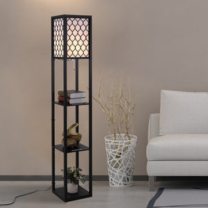 Staande lamp met honingraatdesign en opbergruimte – 160 cm | Zenzee, zwart frame met warme lichteffect en drie praktische planken
