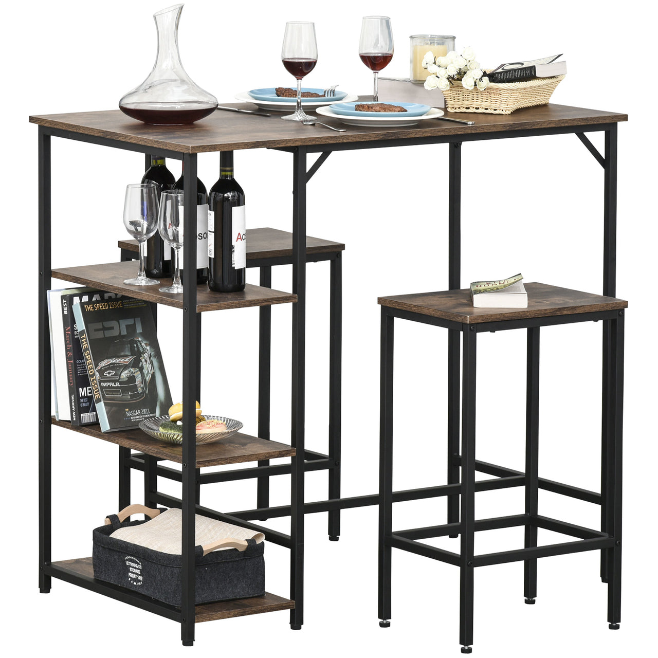 Bartafel eetkamertafel met 2 barstoelen en opbergruimte vintage stijl
