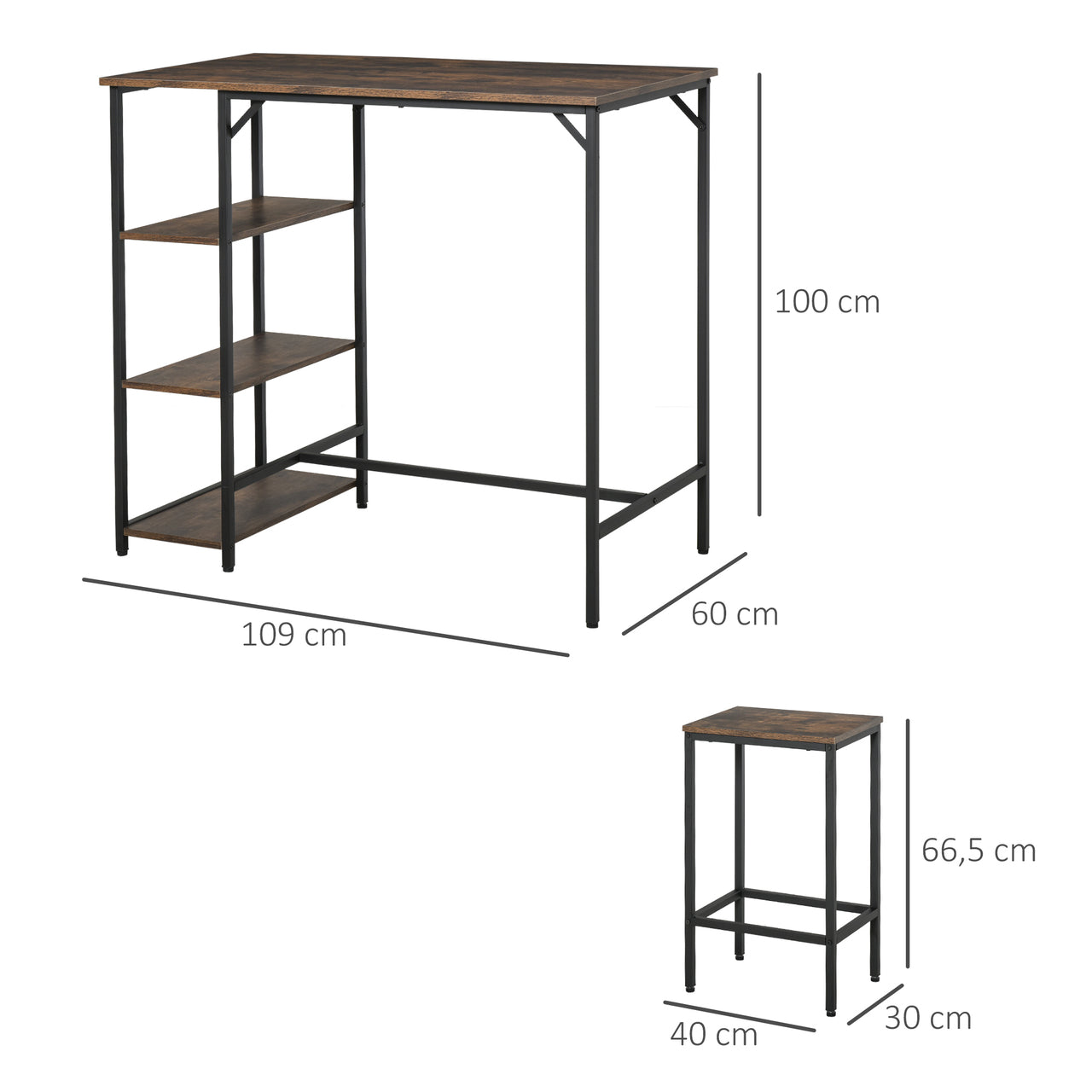 Bartafel eetkamertafel met 2 barstoelen en opbergruimte vintage stijl