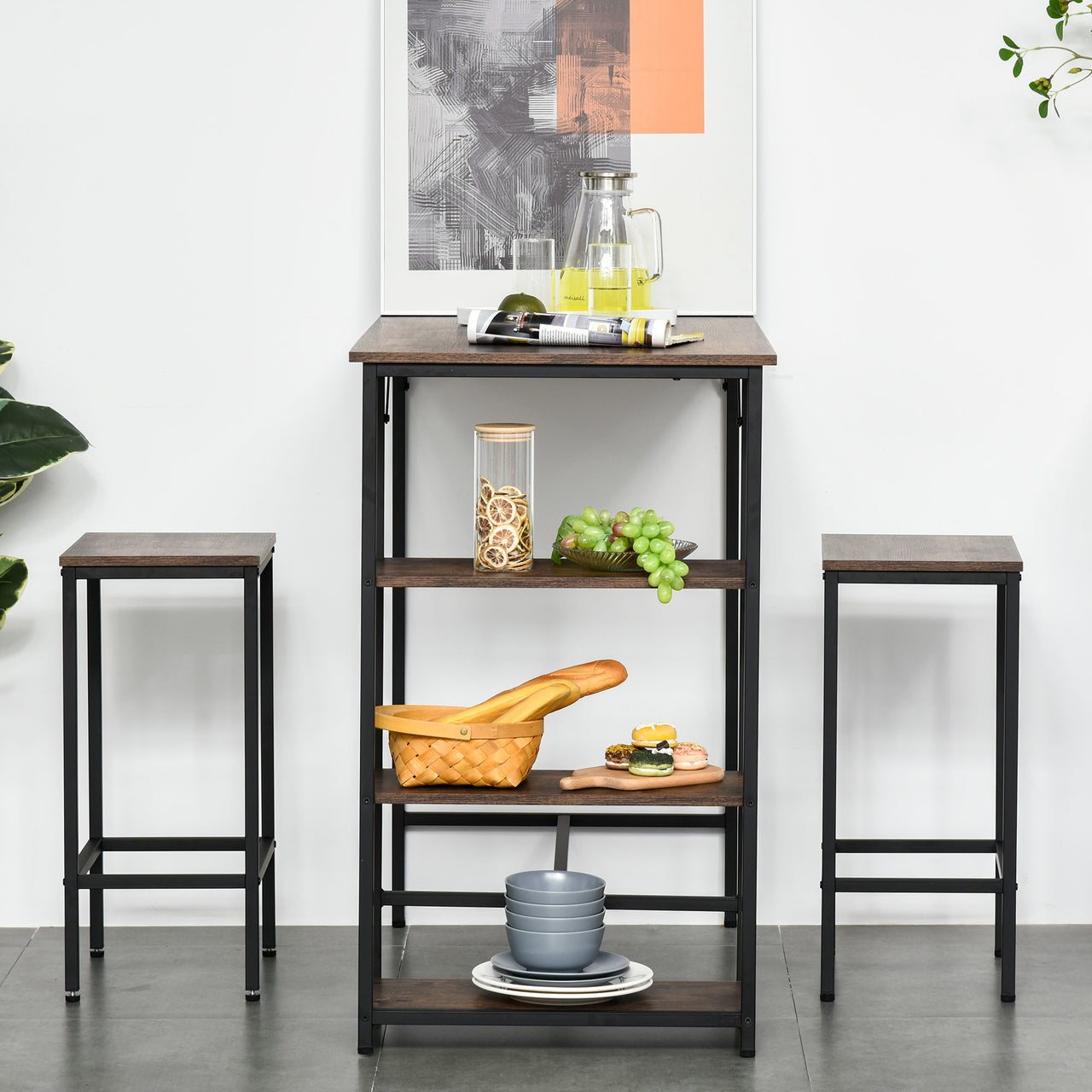 Bartafel eetkamertafel met 2 barstoelen en opbergruimte vintage stijl