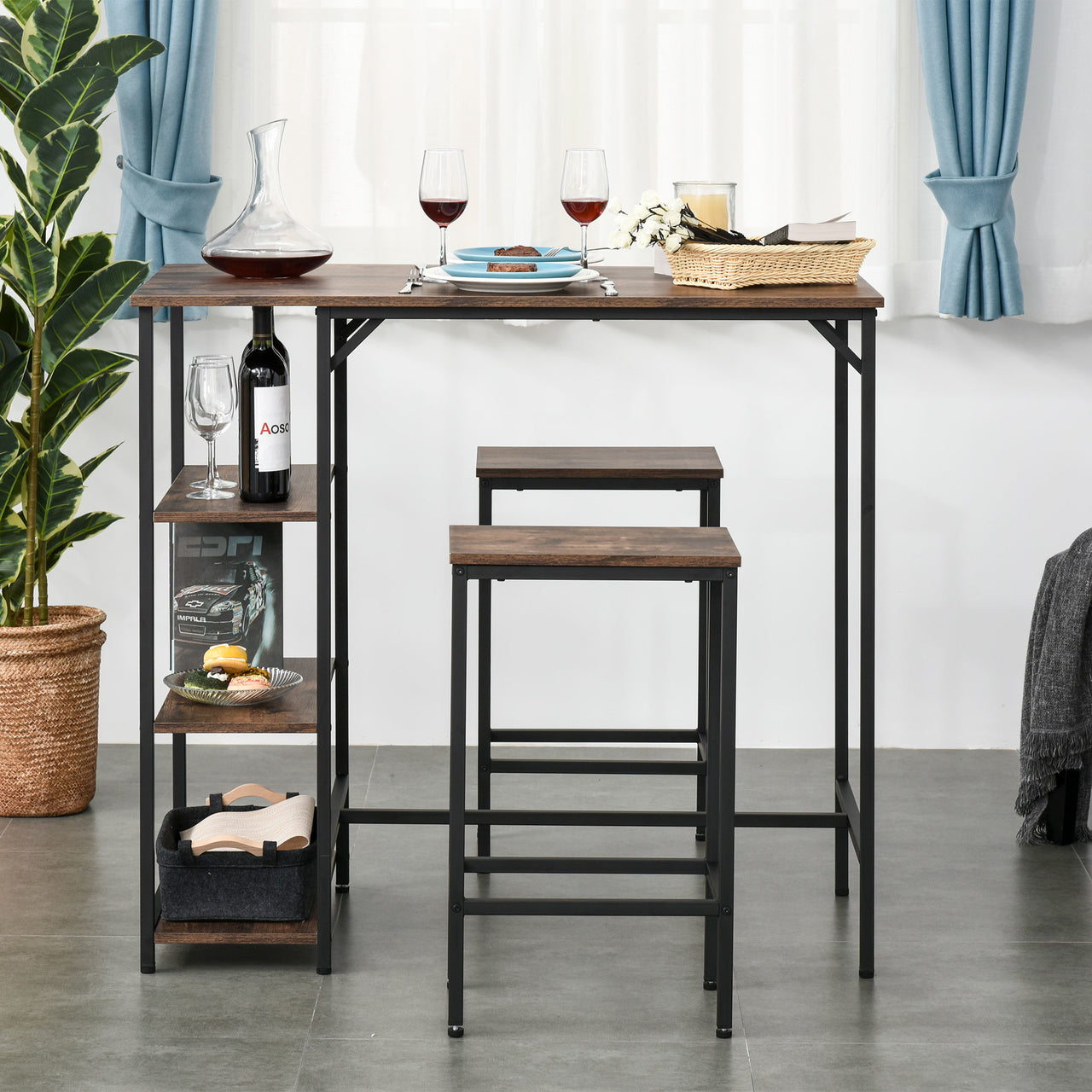 Bartafel eetkamertafel met 2 barstoelen en opbergruimte vintage stijl