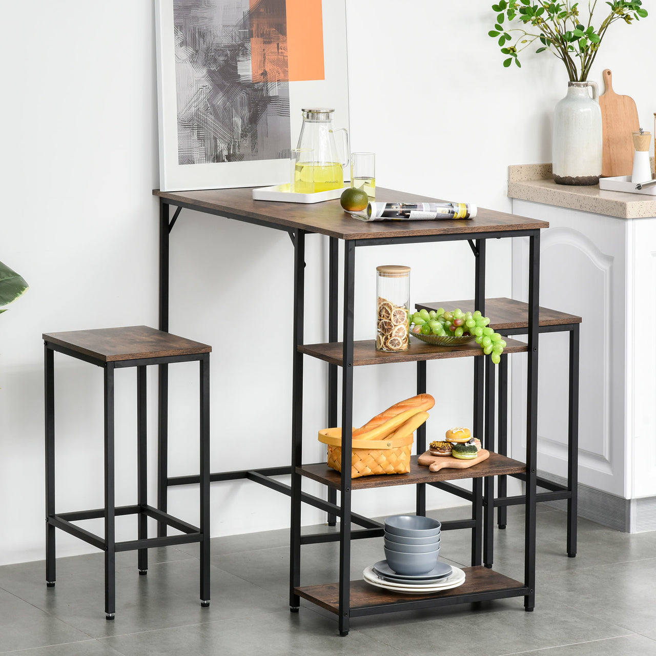Bartafel eetkamertafel met 2 barstoelen en opbergruimte vintage stijl