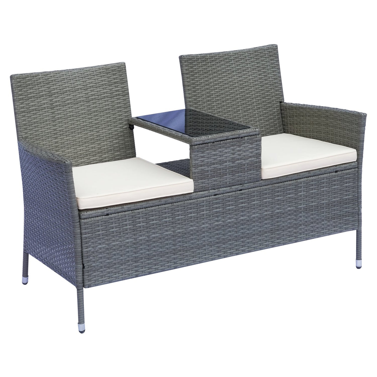 Tuinbank 133 cm breed met tafel – Grijze 2-zitter van poly rotan