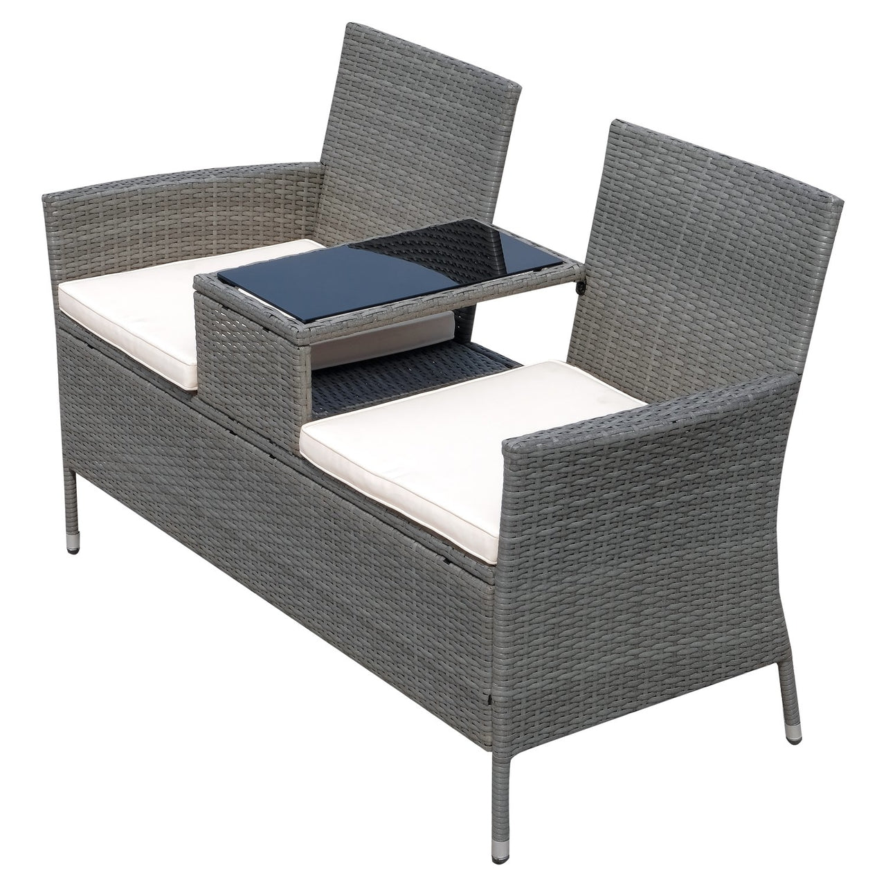 Tuinbank 133 cm breed met tafel – Grijze 2-zitter van poly rotan