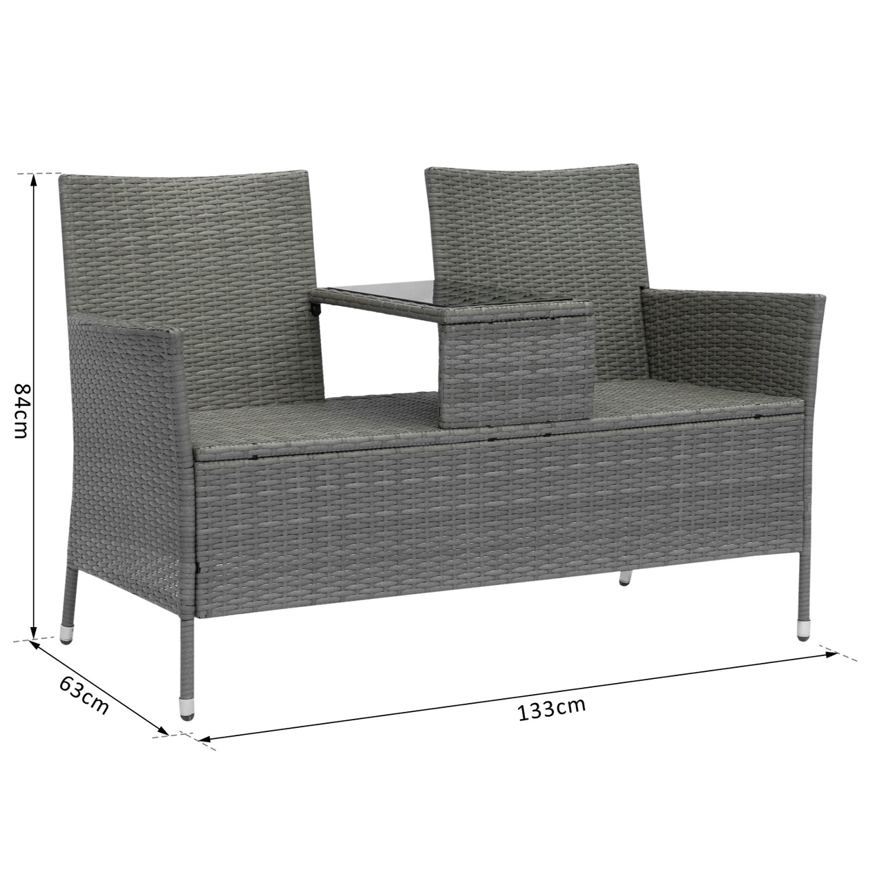 Tuinbank 133 cm breed met tafel – Grijze 2-zitter van poly rotan