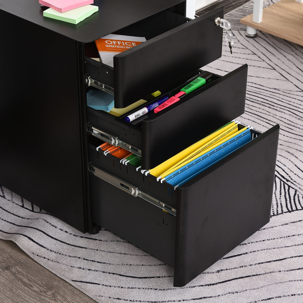 Modern Stalen Ladeblok met 3 Lades en Slot - Zwart