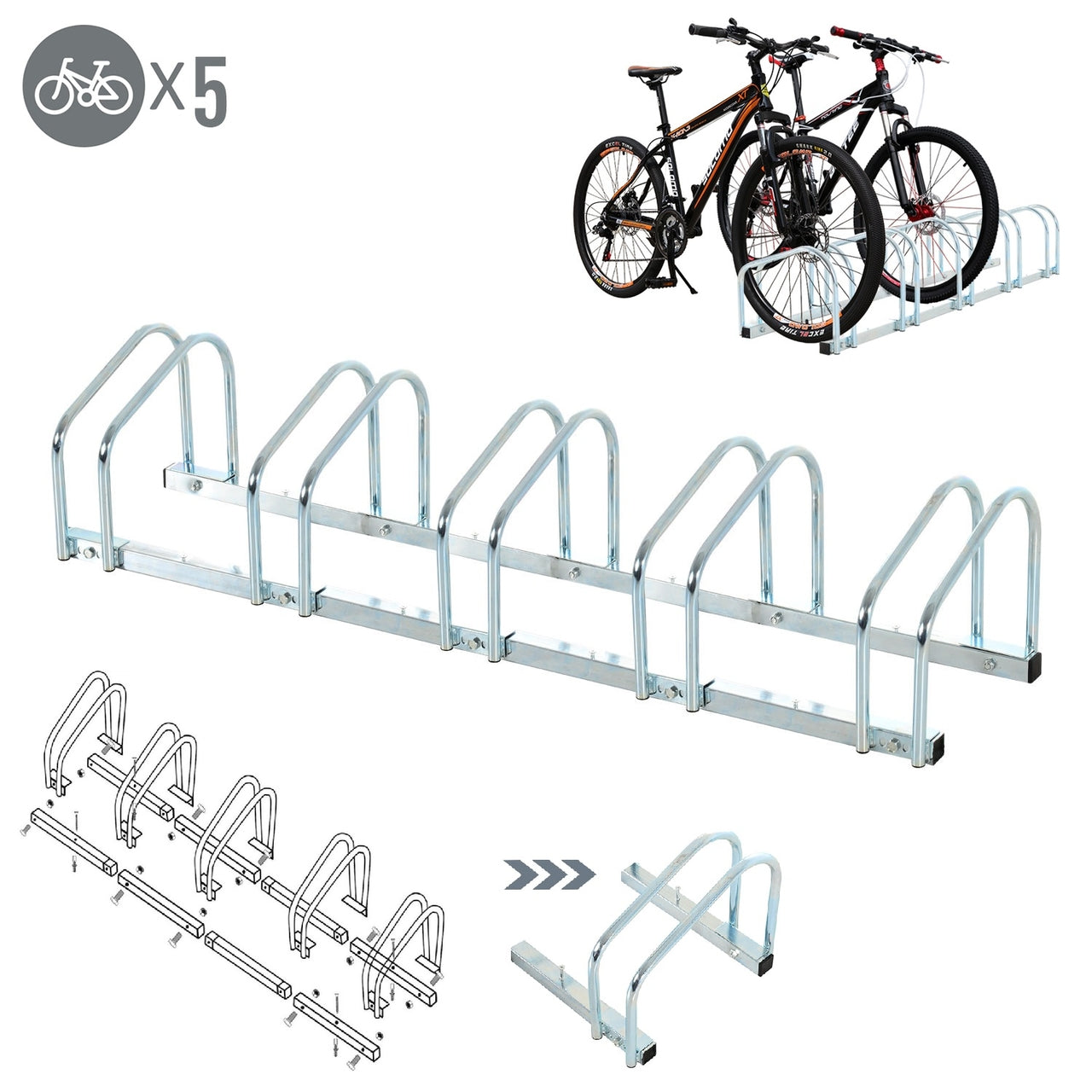 Stalen fietsenrek voor 5 fietsen met wand- en vloermontage