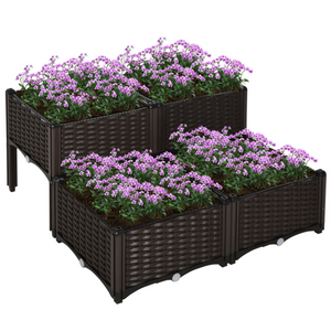 Set van 4 bruine rotan-look plantenbakken 40x40x44 cm met verhoogde bakken en drainagesysteem voor tuin en balkon