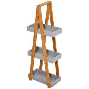 Bamboe badkamerrek met 3 etages – grijs met houten frame, ruimtebesparend rek voor badkamer en compacte ruimtes