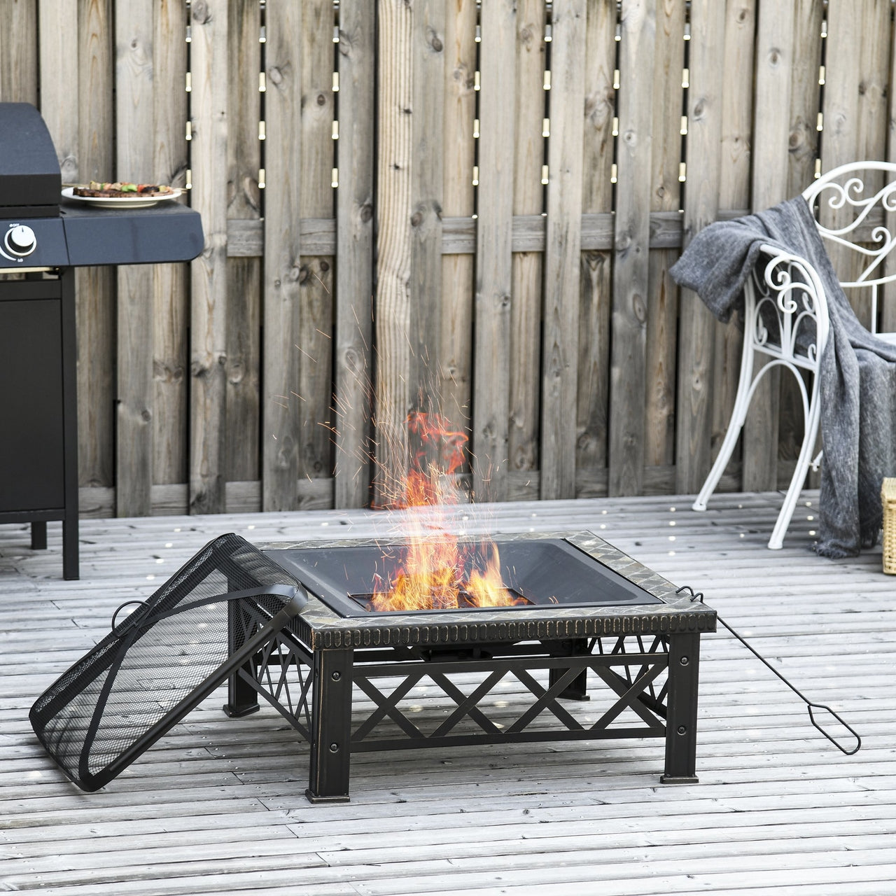 3-in-1 vuurschaal: vuurkorf, terrashaard en BBQ in zwart geverfd staal