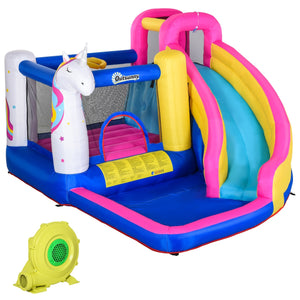 Zwembad springkasteel waterpark met glijbaan 380L x 320B x 210H cm kleurrijk en stevig met eenhoorn decoratie voor kinderen