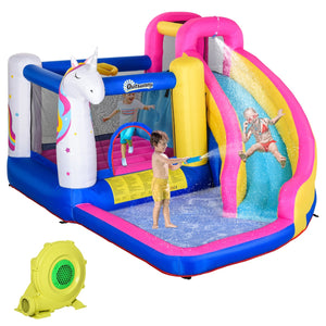 Zwembad springkasteel waterpark met glijbaan 380L x 320B x 210H cm met kleurrijk eenhoornontwerp en waterfunctie voor kinderen